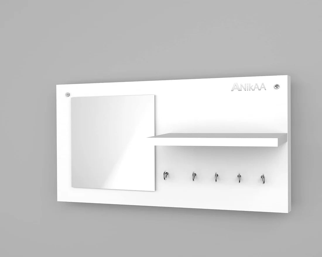 Wooden Wall Shelf with Key Holder & Mirror