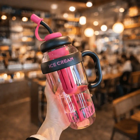 Ice Cream Straw Sipper Bottle – Kids Leakproof Water Cup with Handle