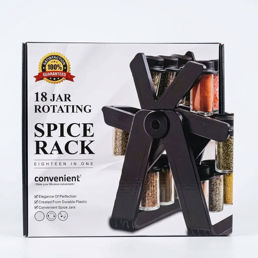 18 Jar Rotating Spice Rack – 360° Kitchen Masala Organizer (18 Glass Bottles)