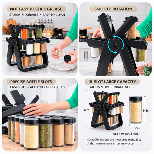18 Jar Rotating Spice Rack – 360° Kitchen Masala Organizer (18 Glass Bottles)