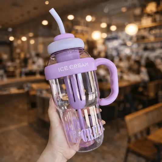 Ice Cream Straw Sipper Bottle – Kids Leakproof Water Cup with Handle